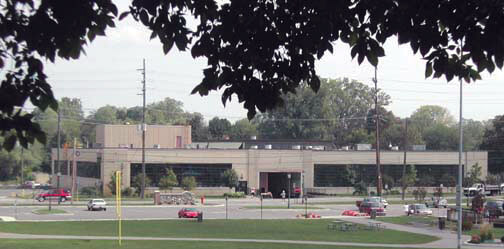 Water Wheel Centre North side view showing loading dock and parking lot